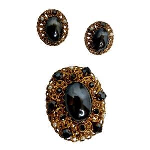 Vintage Hematite Glass Rhinestone Pearls Filigree Brooch & Earrings West Germany